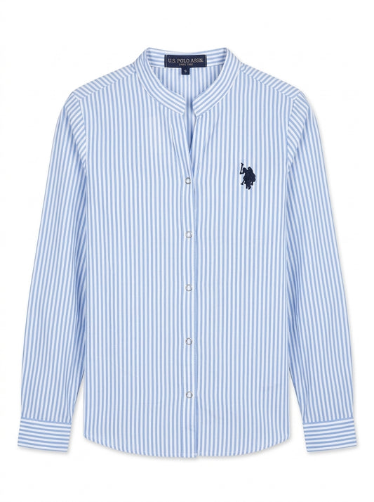 Women's Striped Long Sleeve Band Collar Shirt