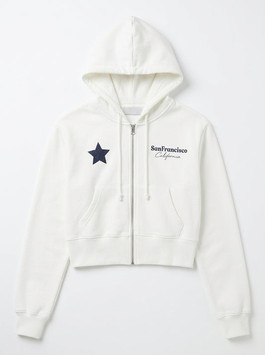Women's Off-White Cropped Zip-Up Hoodie | San Francisco Graphic Jacket