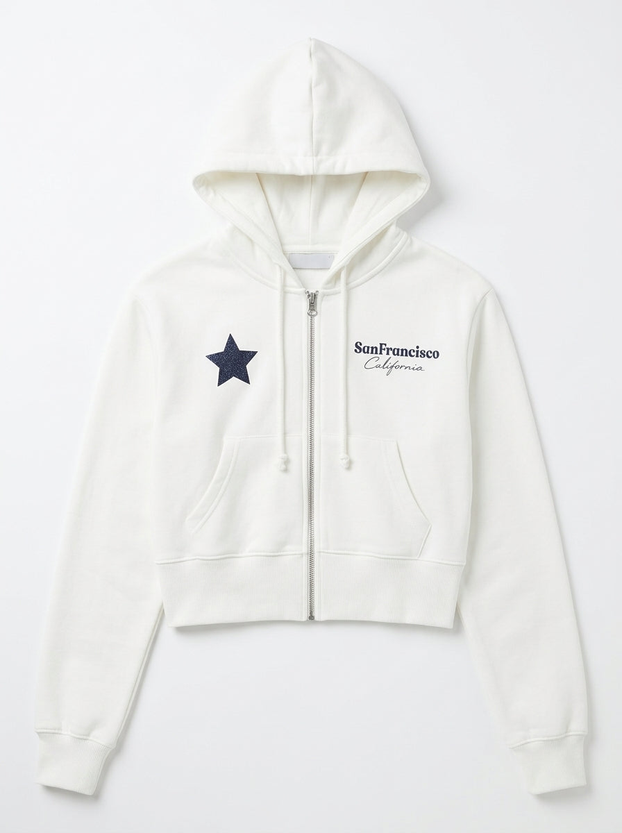 Women's Off-White Cropped Zip-Up Hoodie | San Francisco Graphic Jacket