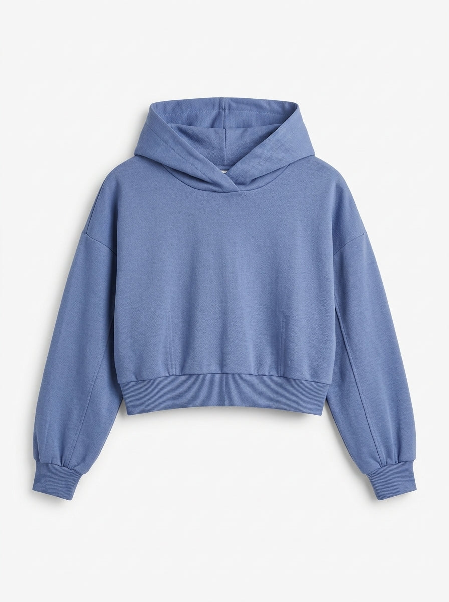 Women Cozy Cropped Basic Fleece Hoodie – Steel Blue