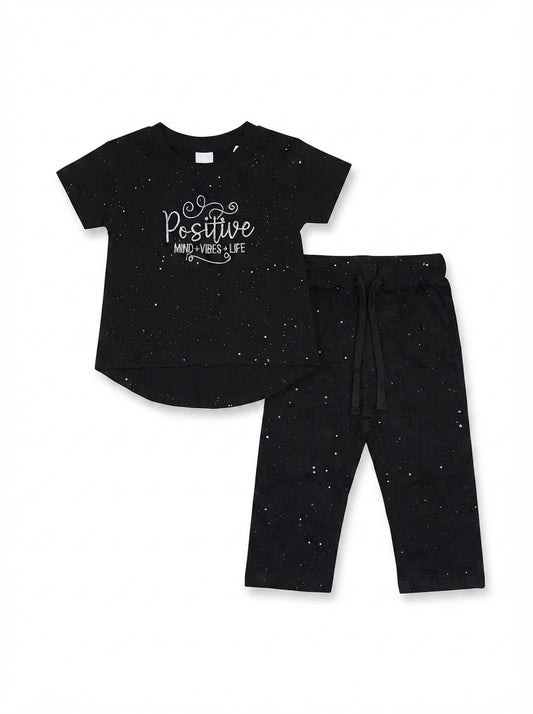 LCW Girls' Black Graphic Lounge Set | T-Shirt & Trousers