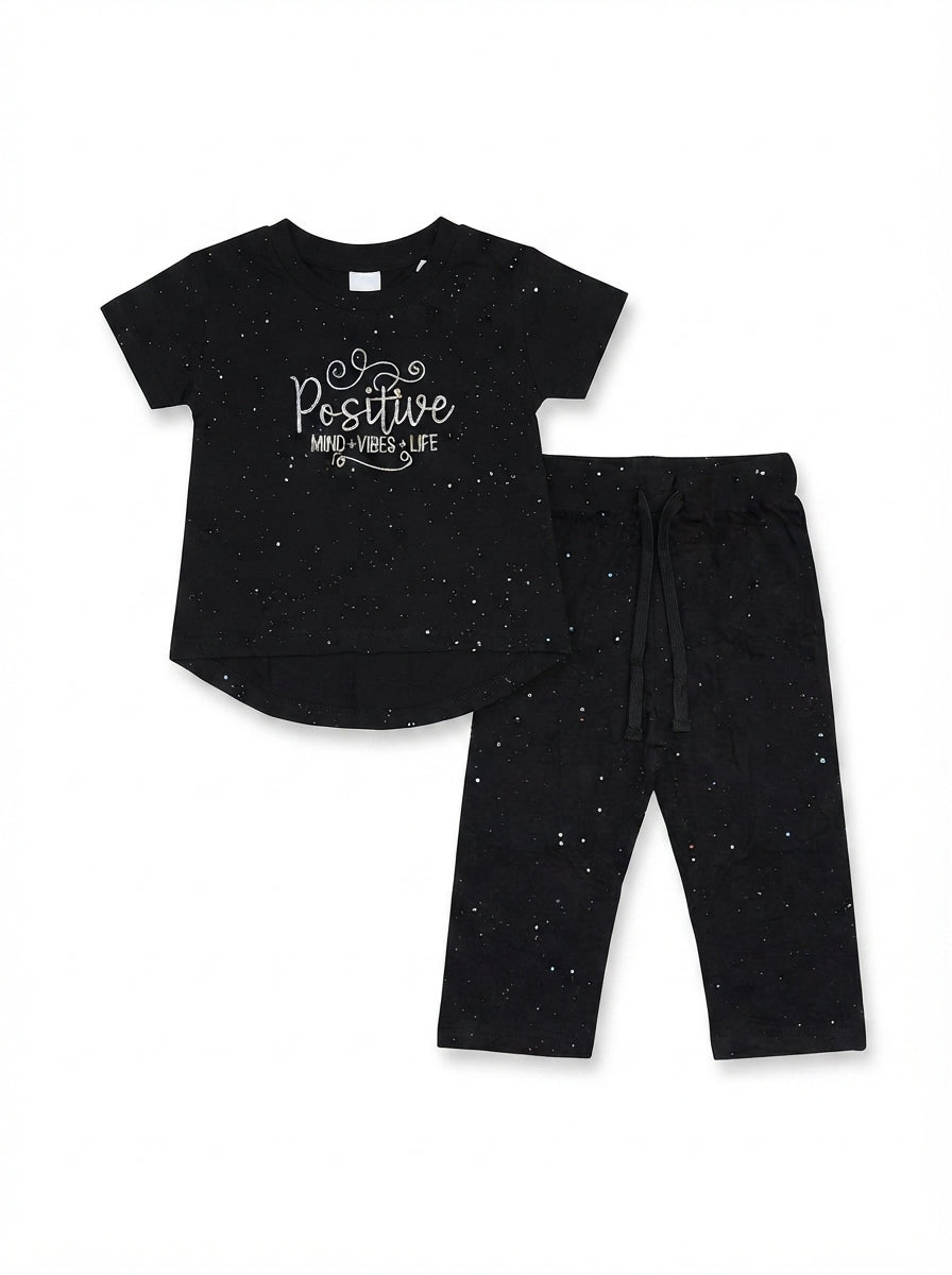 LCW Girls' Black Graphic Lounge Set | T-Shirt & Trousers