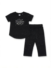 LCW Girls' Black Graphic Lounge Set | T-Shirt & Trousers
