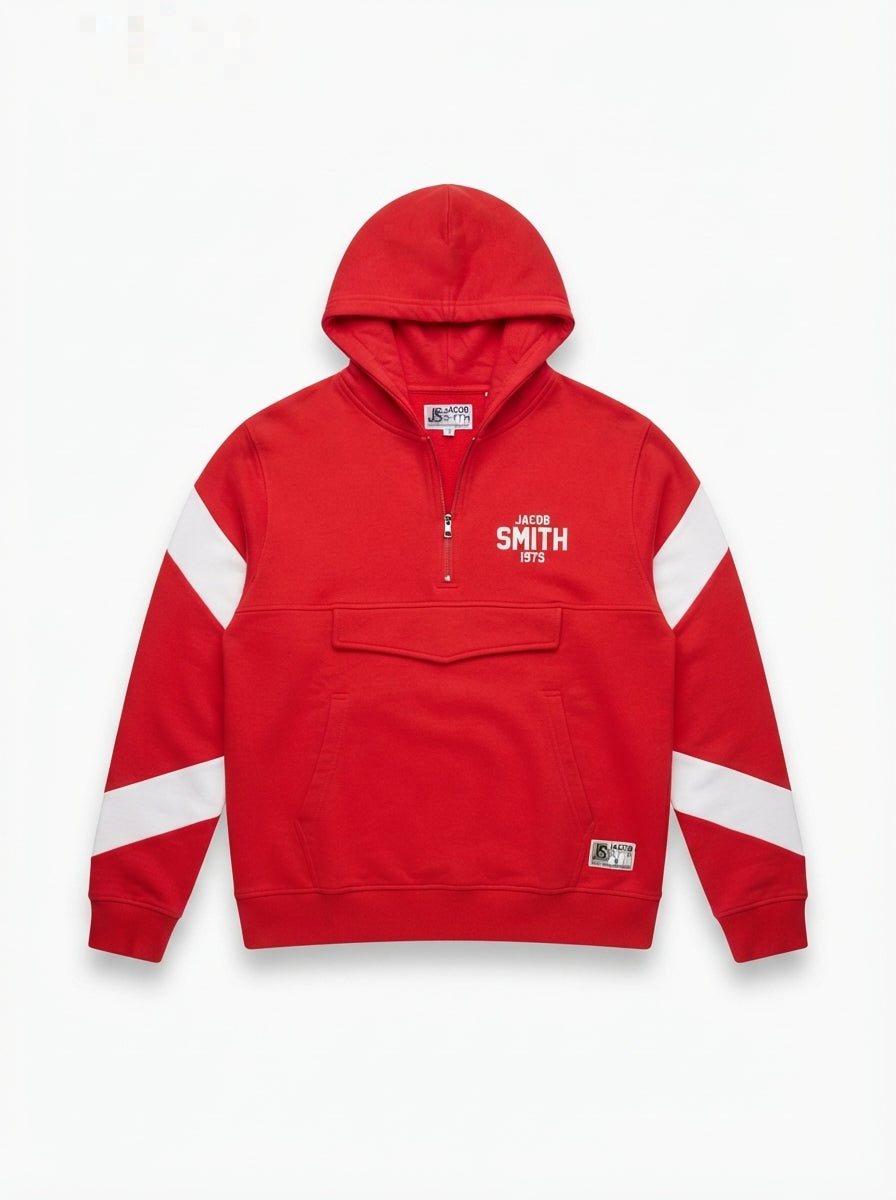 Men's Quarter-Zip Colorblock Anorak Hoodie – Red / White