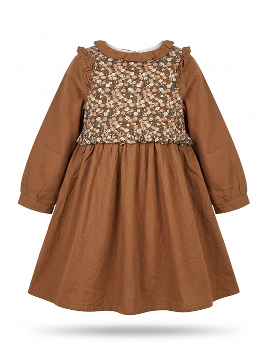 Girls' Autumn Floral Brown Winter Frock