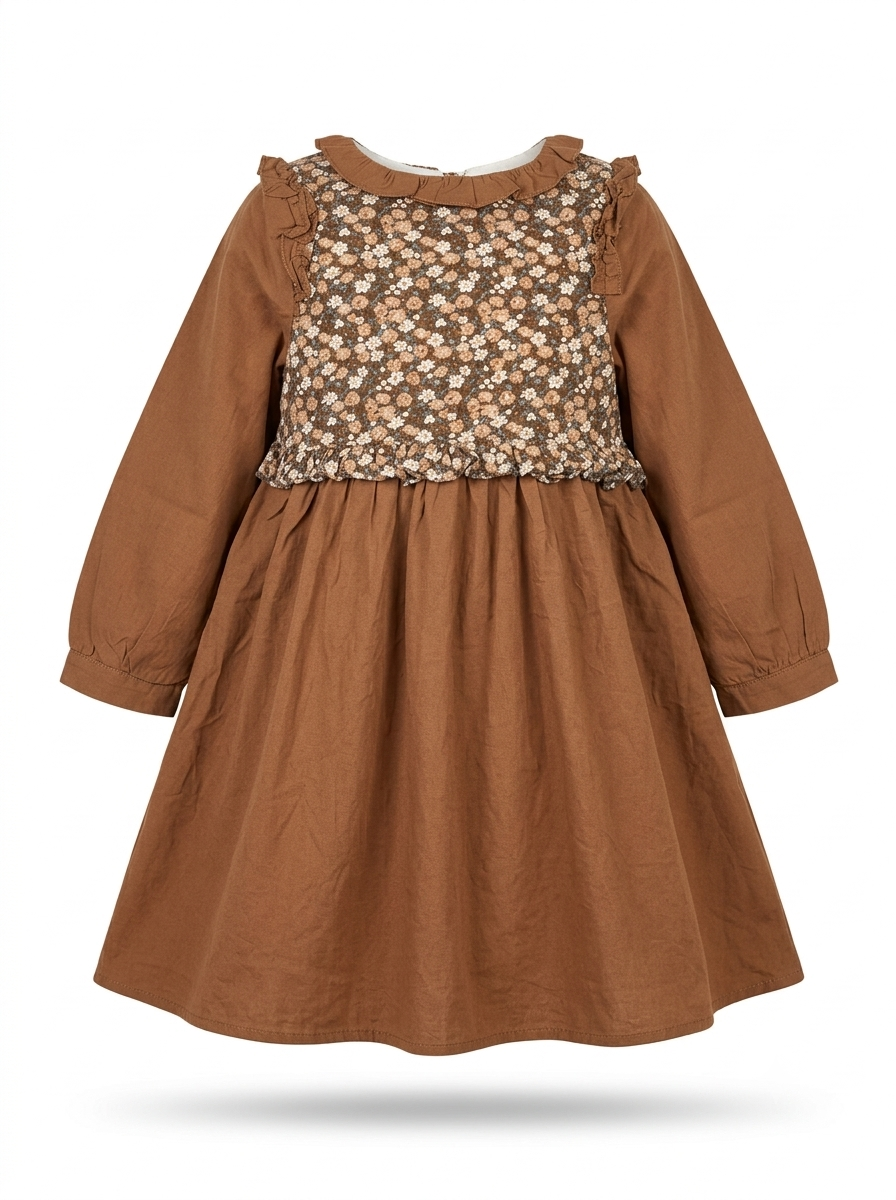 Girls' Autumn Floral Brown Winter Frock