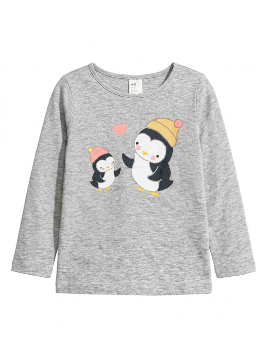 H&M Kids' Grey Heather Penguin Graphic Long-Sleeve T-Shirt