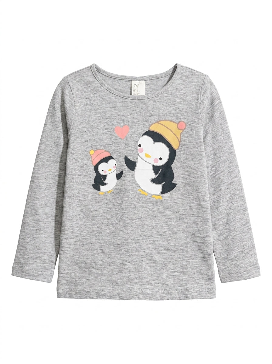 H&M Kids' Grey Heather Penguin Graphic Long-Sleeve T-Shirt