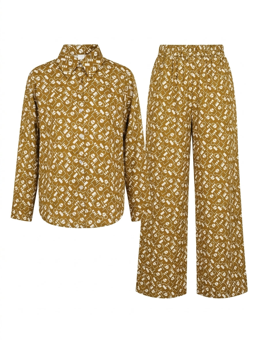 Mustard Geometric 2-Piece Shirt & Wide-Leg Pants Set