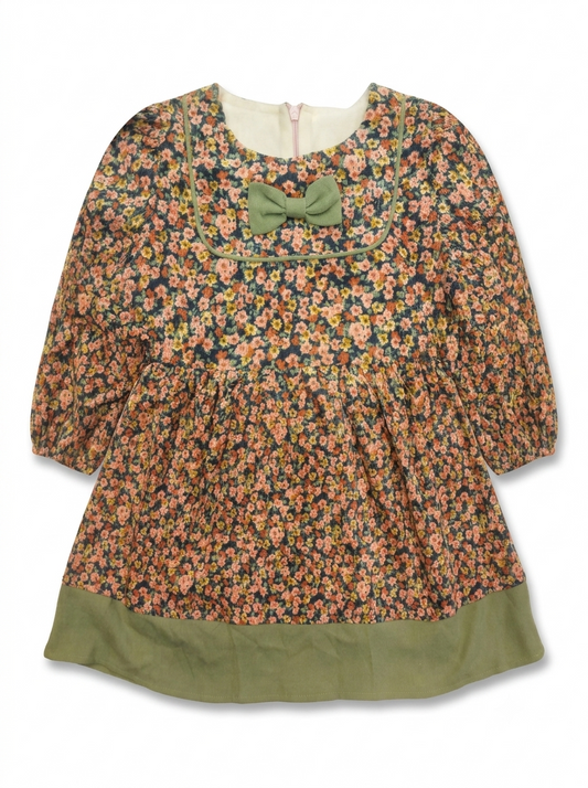 Girls' Vintage Floral Olive-Trim Winter Frock