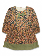 Girls' Vintage Floral Olive-Trim Winter Frock