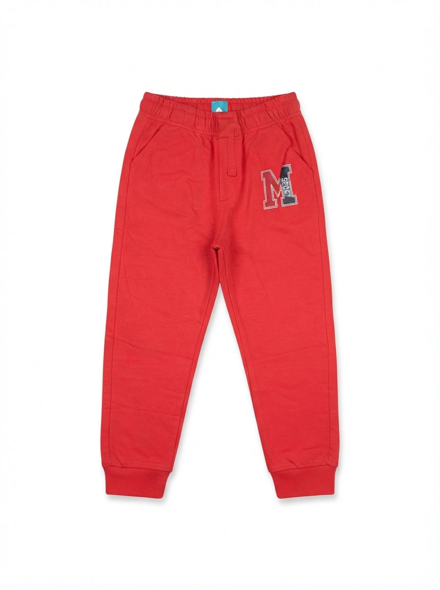 Boys' Red Joggers with Letter "M" Graphic and Ribbed Cuffs