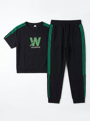 Women's Black & Green Short-Sleeve Tracksuit Set