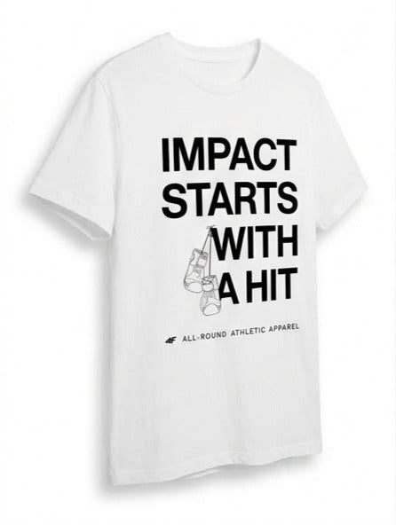 Men’s White Boxing Graphic T-Shirt – "Impact Starts With A Hit" Athletic Cotton Tee