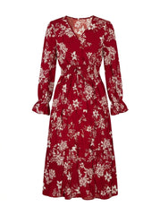 Women Crimson Floral V-Neck Tiered Midi Dress