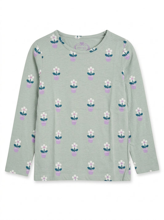 Redtag Girls' Sage Green Potted Flower Long-Sleeve T-Shirt