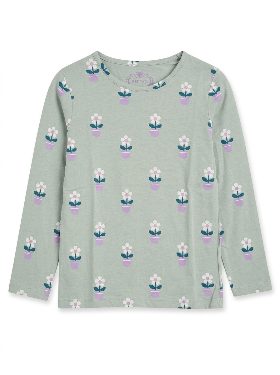 Redtag Girls' Sage Green Potted Flower Long-Sleeve T-Shirt