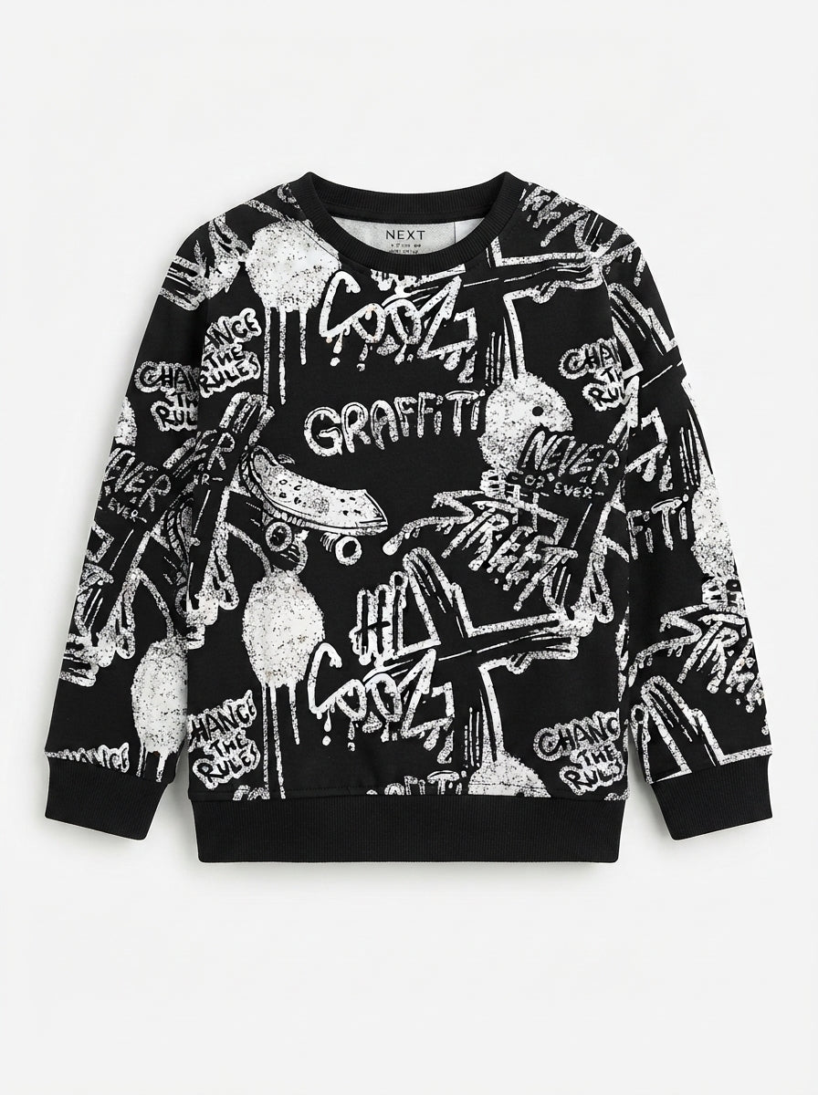Boys' Black All-Over Graffiti Print Long-Sleeve Sweatshirt – Next