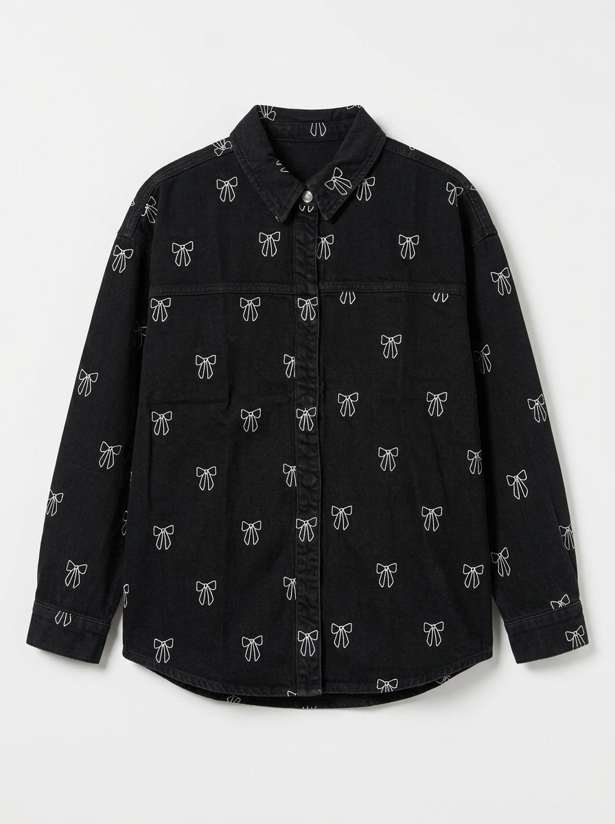 Women Bow Print Black Denim Overshirt / Jacket