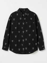 Women Bow Print Black Denim Overshirt / Jacket