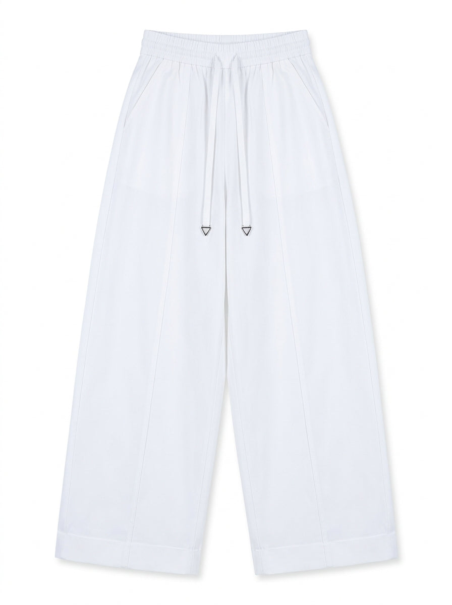 Women's Casual High-Waist White Wide-Leg Trousers with Drawstring