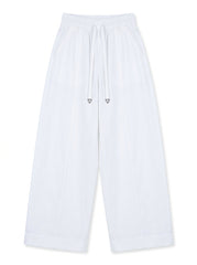 Women's Casual High-Waist White Wide-Leg Trousers with Drawstring