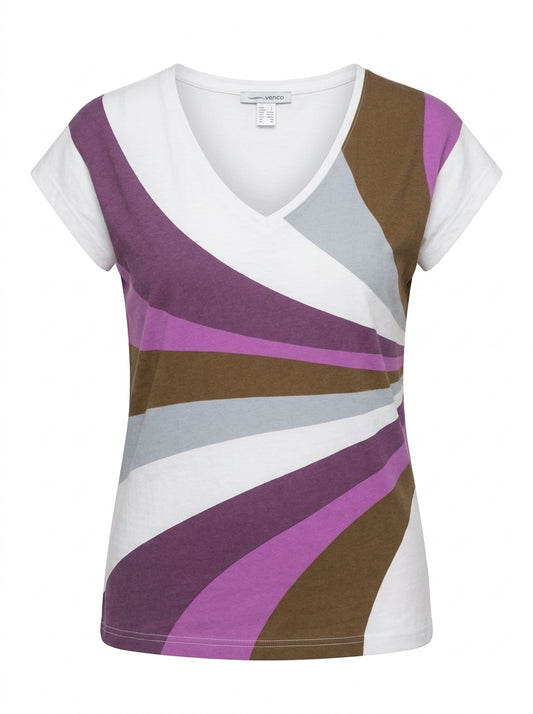 Women’s Retro Abstract Sunburst Graphic V-Neck T-Shirt – Short Sleeve Casual Cotton Top