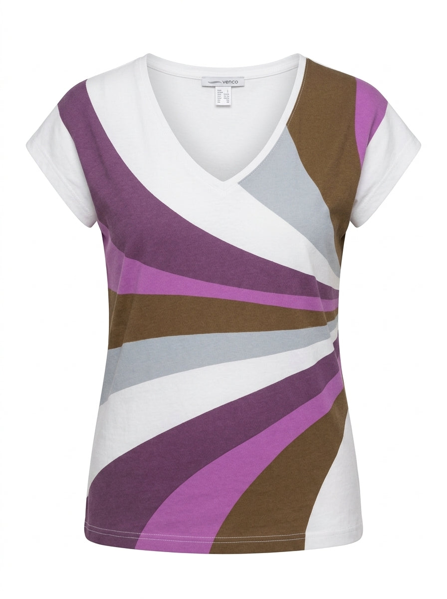 Women’s Retro Abstract Sunburst Graphic V-Neck T-Shirt – Short Sleeve Casual Cotton Top
