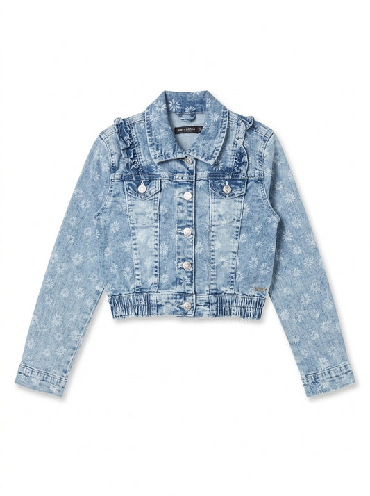 Girls Floral Acid Wash Denim Jacket with Ruffle Trim
