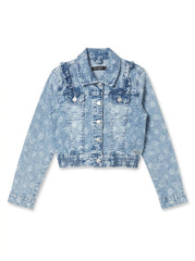 Girls Floral Acid Wash Denim Jacket with Ruffle Trim