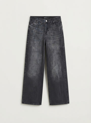 Vilet Vintage-Wash Baggy Fit Denim Jeans in Charcoal Black