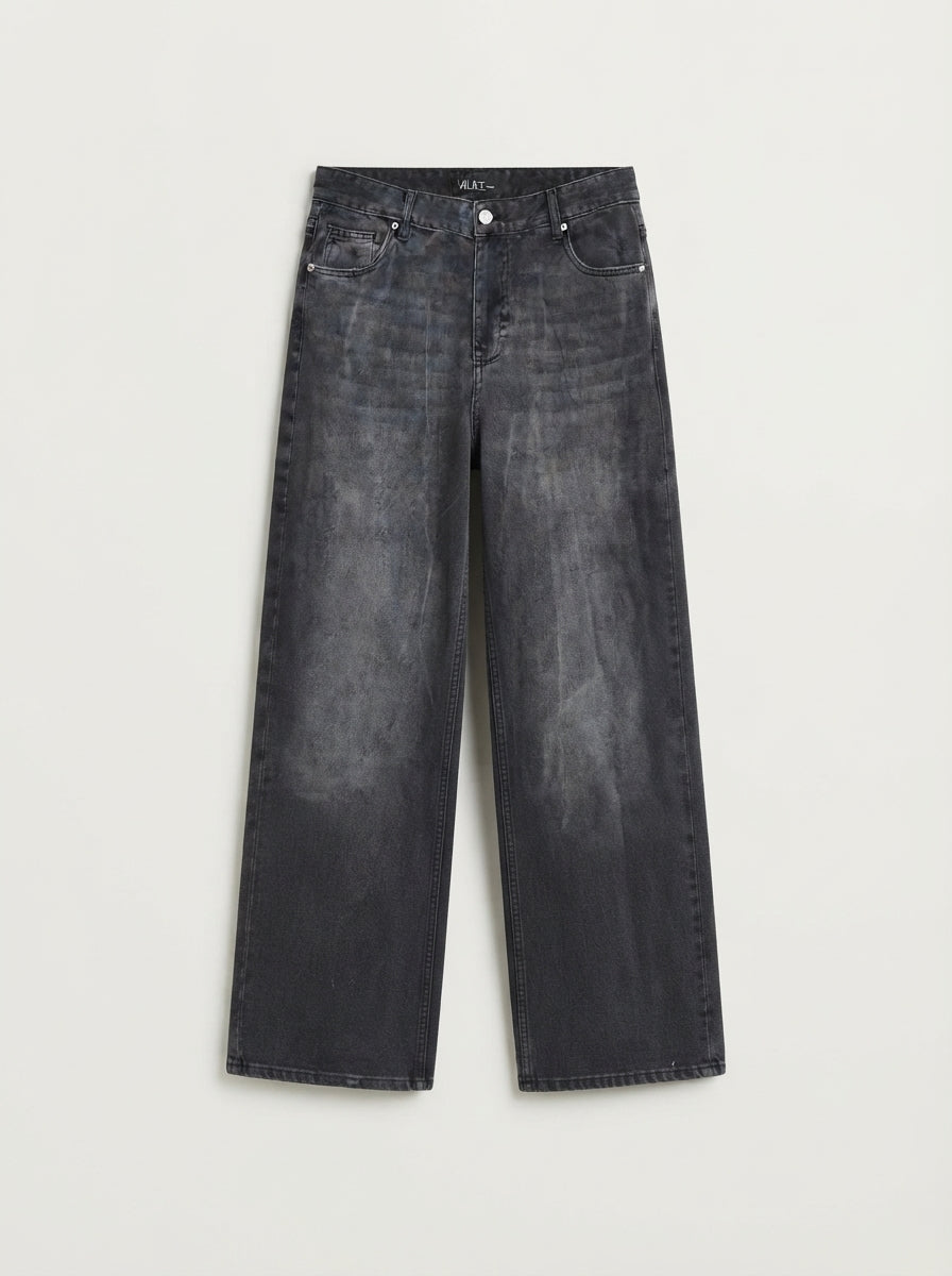 Vilet Women Wash Baggy Fit Denim Jeans in Charcoal Black