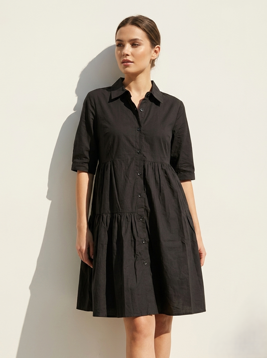 Women's Solid Black Tiered Shirt Dress