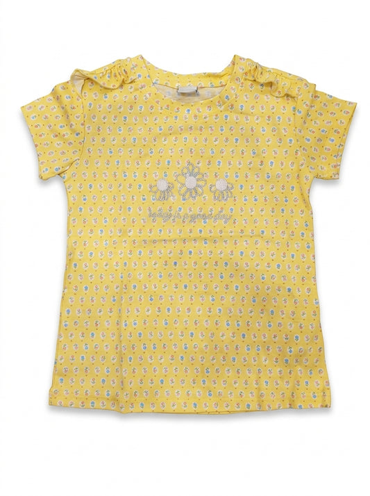Girls' Yellow Floral T-Shirt - "Today is a Good Day" Print & Ruffle Shoulders