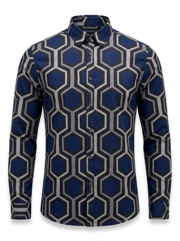 Men’s Honeycomb Pattern Long-Sleeve Smart-Casual Shirt