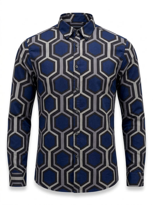 Men’s Honeycomb Pattern Long-Sleeve Smart-Casual Shirt