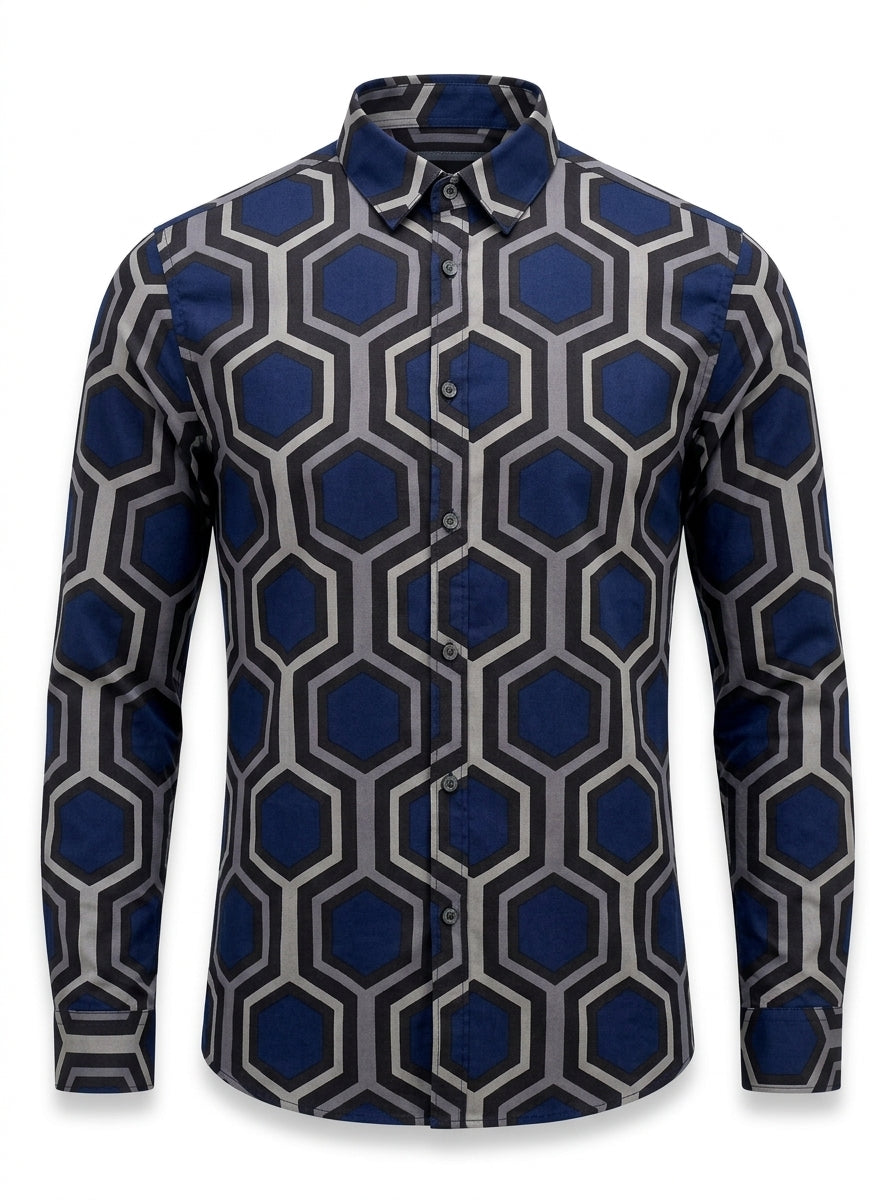 Men’s Honeycomb Pattern Long-Sleeve Smart-Casual Shirt