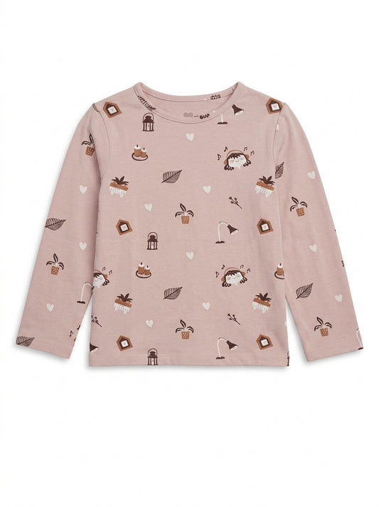 Kids Dusty Pink Cozy Home & Plant Print Long-Sleeve T-Shirt