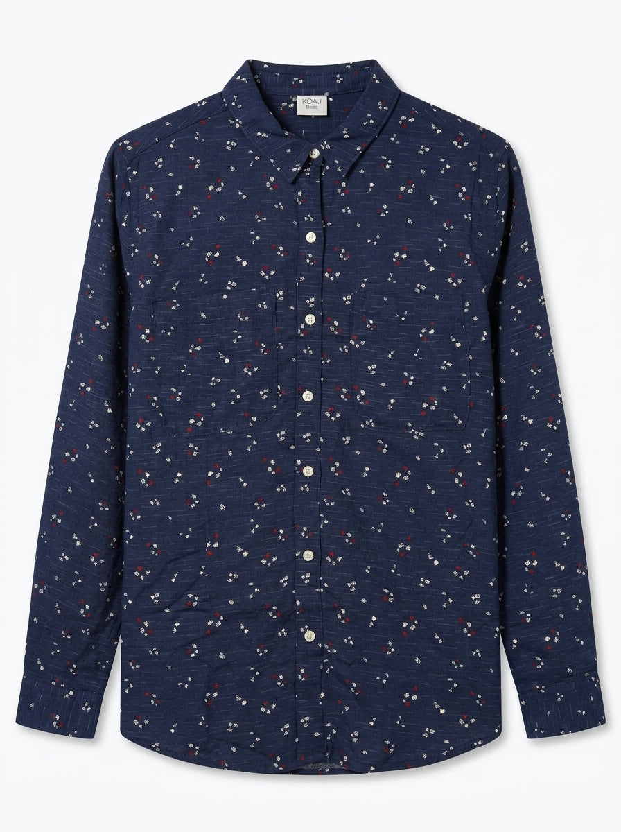 Women's Navy Blue Printed Long-Sleeve Button-Down Shirt