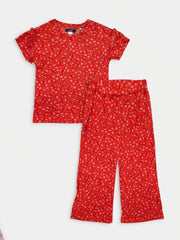 Girls Red Floral Print Co-Ord Set – Flutter Sleeve Top & Trousers