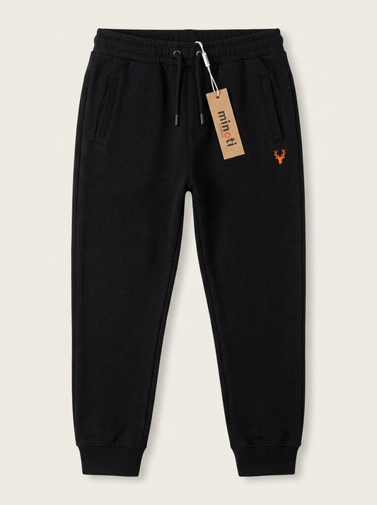 Minoti Kids' Black Fleece Joggers with Embroidered Stag Logo