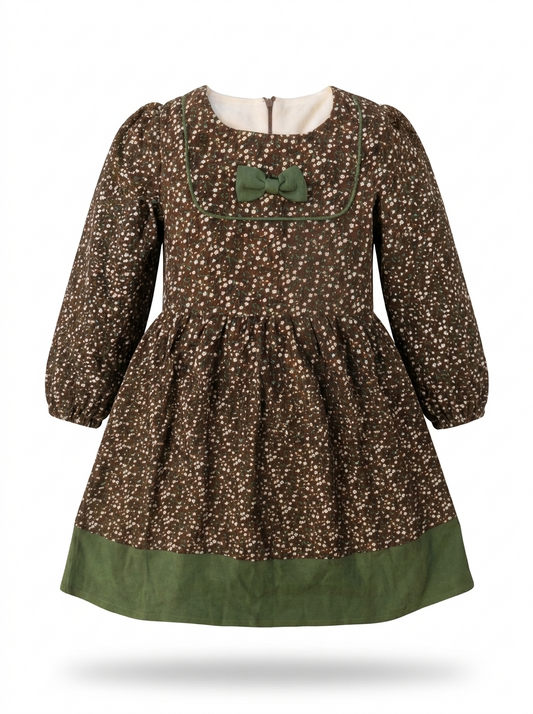 Girls' Brown Floral Olive-Trim Winter Frock