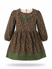 Girls' Brown Floral Olive-Trim Winter Frock