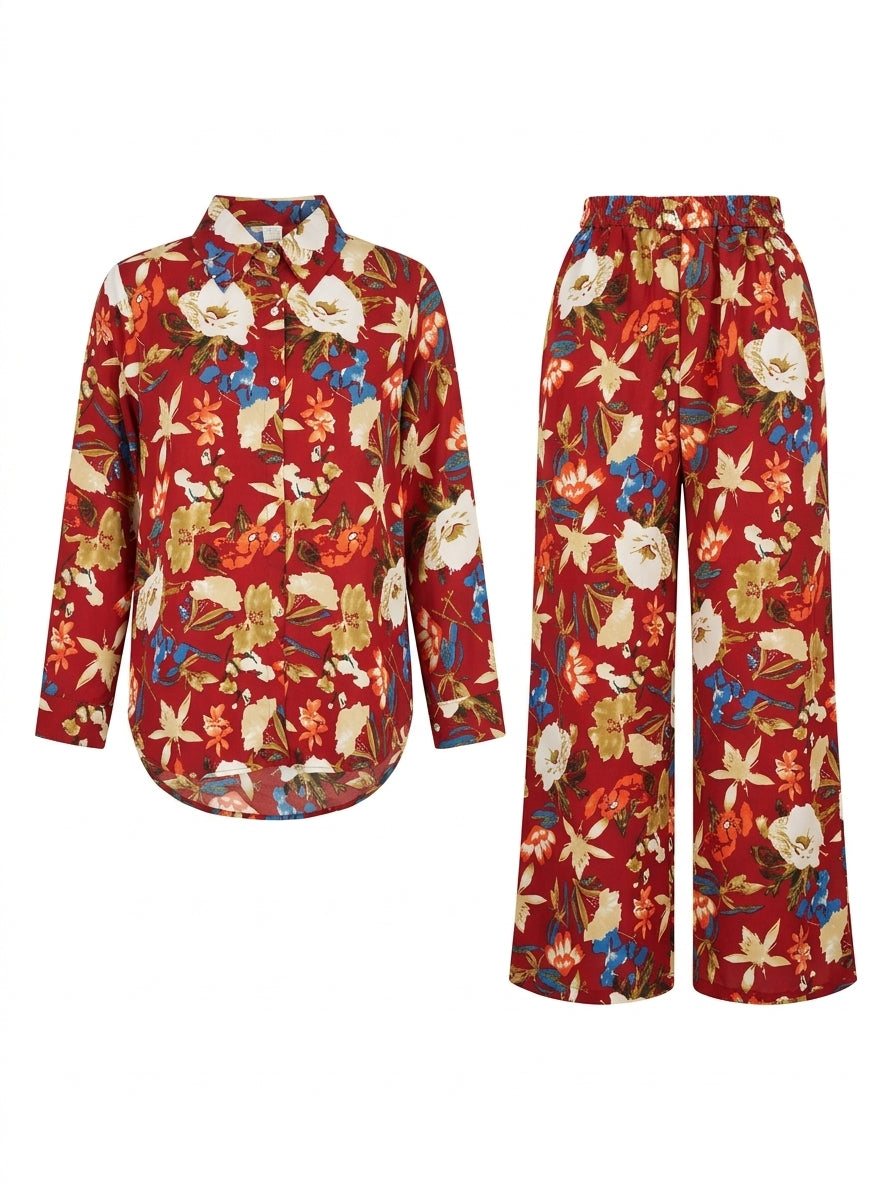 Red Floral 2-Piece Shirt & Wide-Leg Pants Set