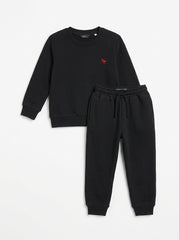 Kids' 2-Piece Black Tracksuit Set with Dinosaur Embroidery