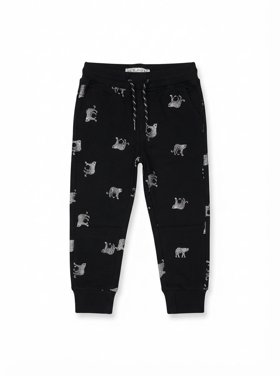 Boys' Black Animal Print Joggers | Comfortable Fleece Sweatpants with Drawstring