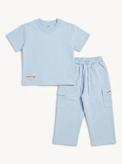 M&S Kids' Light Blue Cotton T-Shirt and Cargo Joggers Set – Casual Short-Sleeve Top & Pocket Pants