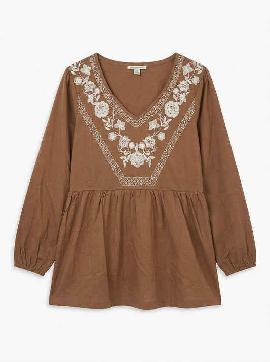 Women’s Floral Embroidered V-Neck Babydoll Top – Long Sleeve Boho Peplum