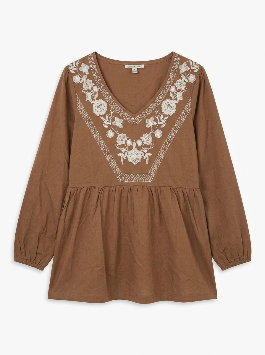 Women’s Floral Embroidered V-Neck Babydoll Top – Long Sleeve Boho Peplum