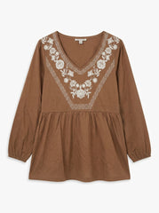 Women’s Floral Embroidered V-Neck Babydoll Top – Long Sleeve Boho Peplum